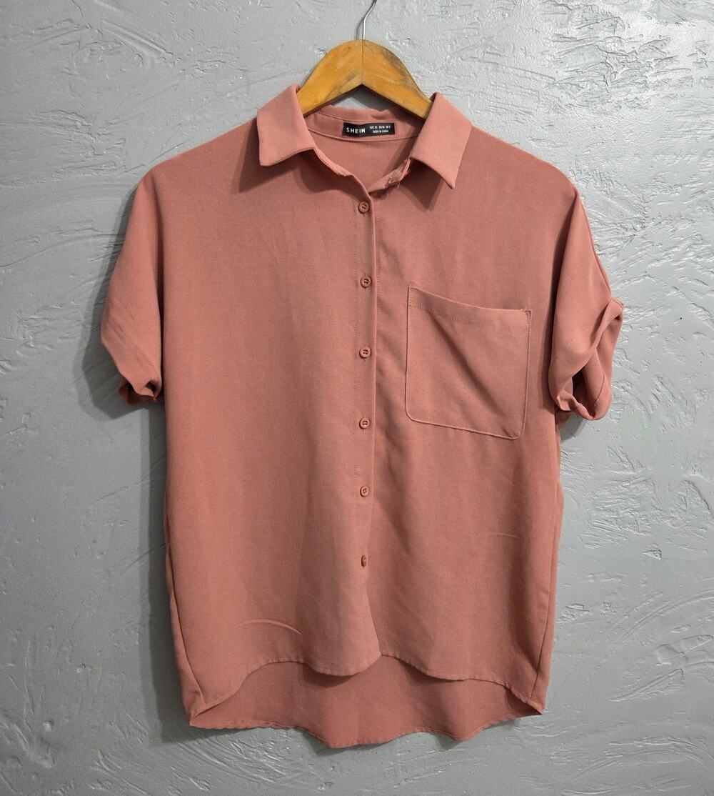 Shein pink button down silky feel baggy blouse woman's size XS